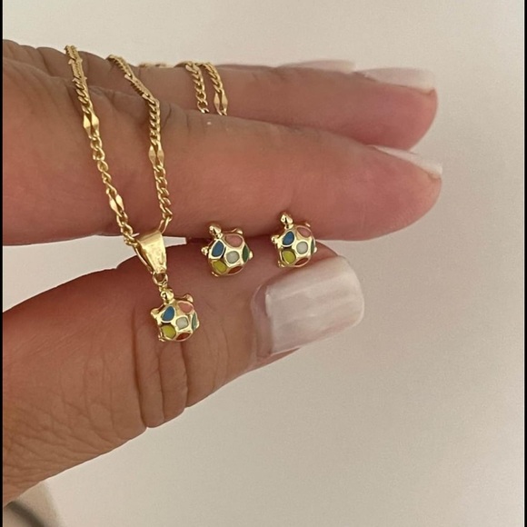 18k Gold Filled Turtle Children Earrings & Necklace - Picture 1 of 7